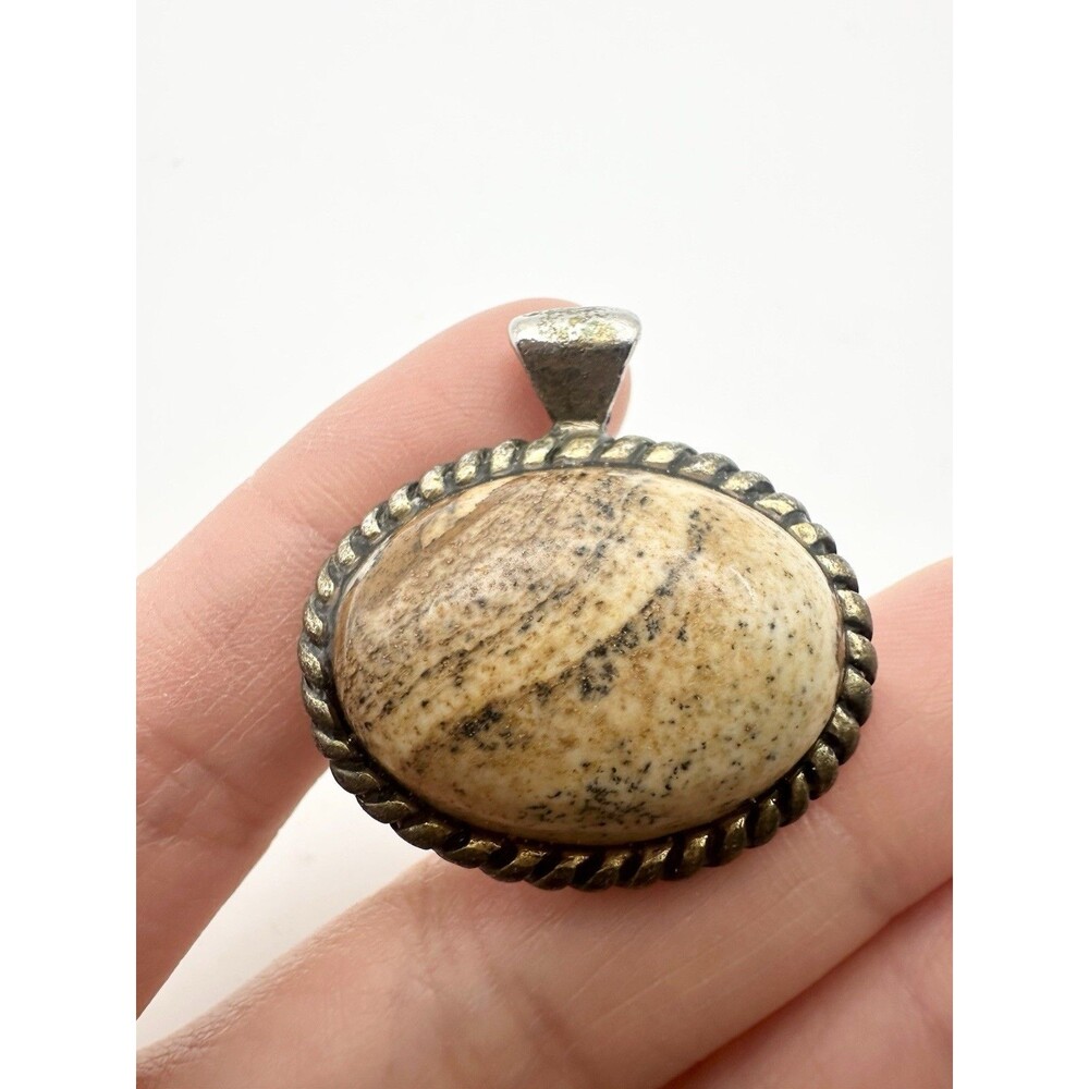 Vintage Oval Natural Jasper Pendant Silver Tone